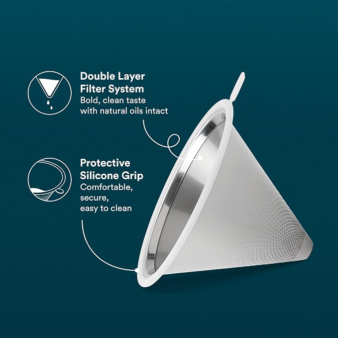 OVALWARE UPGRADED Paperless Stainless Steel Pour Over Coffee Filter – Reusable Permanent Coffee Cone Dripper with Silicone Safety Tab for Easy Removal, Fits Ovalware, Chemex, Hario & Other Carafes