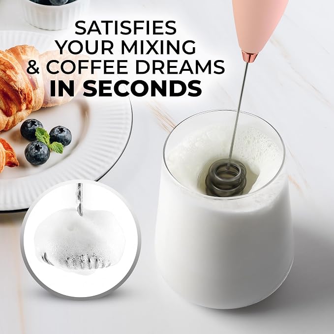 Zulay Kitchen Powerful Milk Frother Wand With Duracell Batteries - Ultra Fast Handheld Drink Mixer - Electric Whisk Foam Maker for Coffee, Lattes, Cappuccino & Matcha - Triple Whisk - Peach Radiance