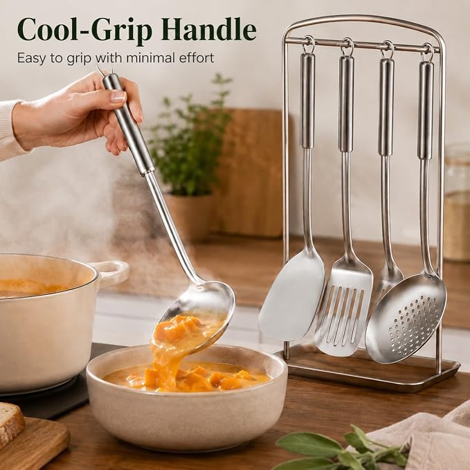 Pleafind Cooking Utensils Set - 4 Pcs Stainless Steel Kitchen Utensils Set with Solid Turner, Slotted Turner, Serving Ladle, Slotted Spoon, Wok Utensils Set with Heat Resistant Handle, Dishwasher Safe