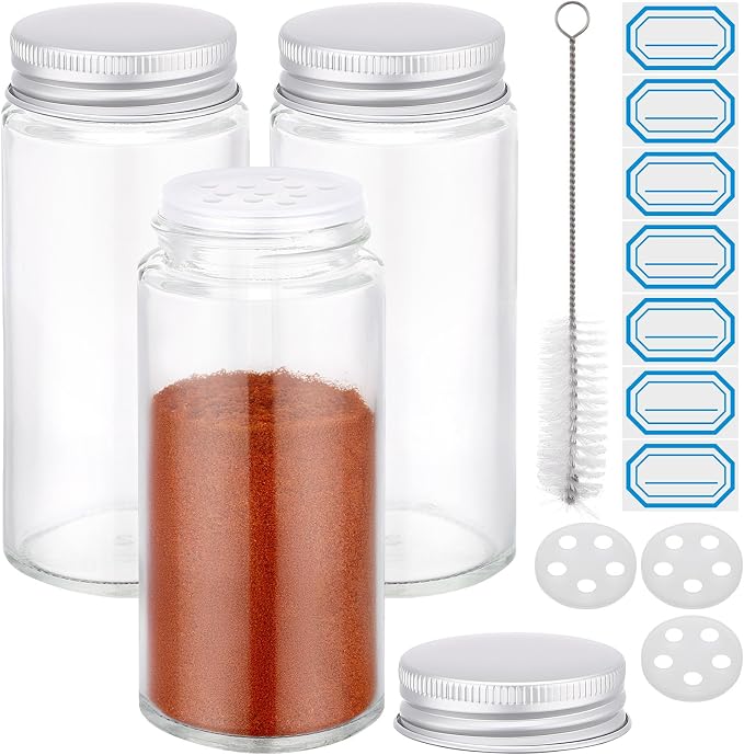 Segarty 4oz Spices Containers with Silver Aluminum Lid, 3PCS 120ml Round Spice Jars, Glass Seasoning Organizers Sugar Salt Storage for Cabinet, Empty Cereal and Pepper Bottles with 7 Stickers, 1 Brush