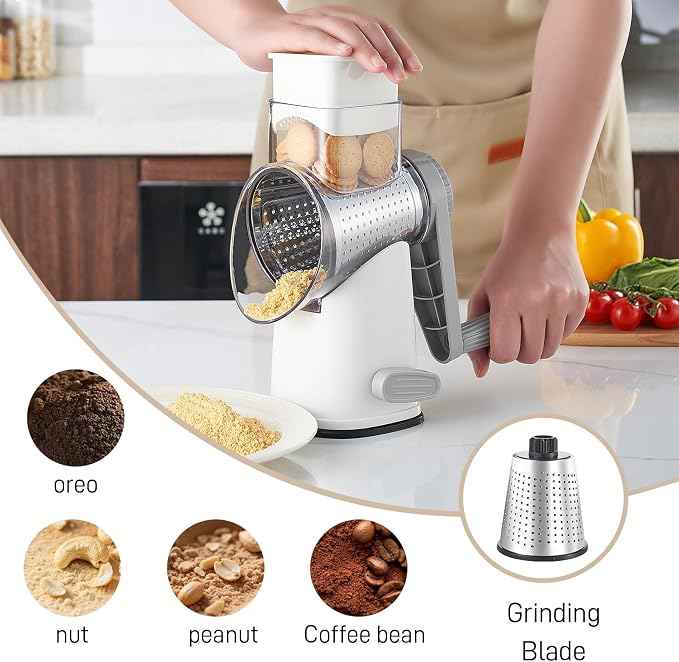 Weltonhm 4 in 1 Large Cheese Grater Hand Crank (White Grey 4 Graters) | Cheese Shredder Rotary and Slicer with 4 Stainless Steel Blades for Vegetables, Veggie and Cheese, Stronger Suction Base