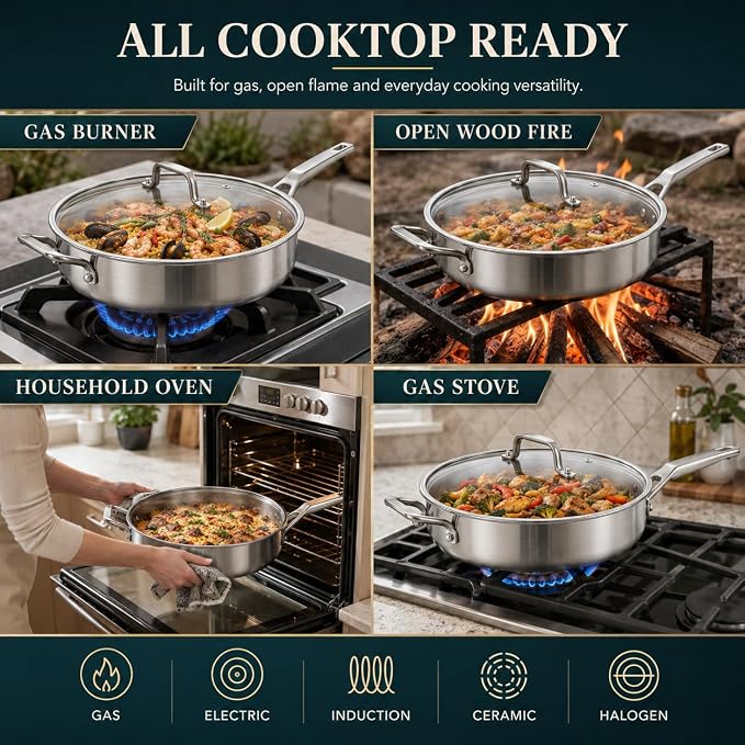 YEKSUM Stainless Steel Saute Pan, Tri-Ply Saute Pan 5QT, 12 Inch Deep Frying Pan with lids, Compatible with All Cooktops Up to 650℉, 3-layer Large Skillet with Stay Cool Handle, Induction Pan, Durable