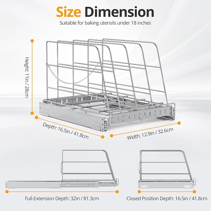 NestSprout Pull Out Cabinet Organizer for Cutting Board, Cookie Sheet, Baking Sheet, Stainless Steel Sliding Rack for Bakeware & Trays, Heavy-Duty Cutting Board Organizer 12.9”W x 16.5”D | Stainless Steel Sliding Rack for Bakeware & Trays, Heavy-Duty C...