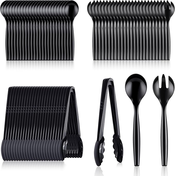 Mwellewm 72Pcs Plastic Serving Utensils Set 10 inch Disposable Serving Spoons Forks Tongs for Serving Food Large Heavy Duty Black Large Party Utensils Supplies for Buffet Restaurant Dinner Salad Soup