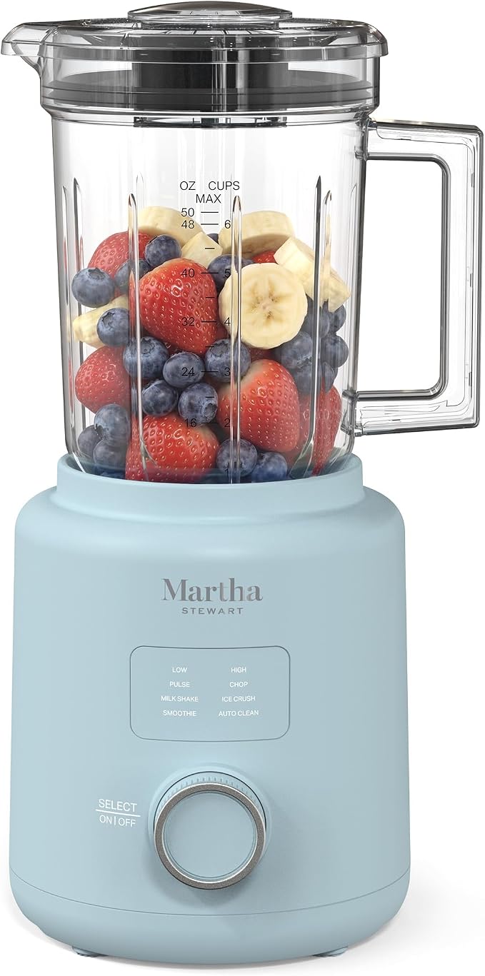 Martha Stewart 50oz Countertop Blender, 3 Speeds, 5 Presets, Sky Blue | BPA-Free Pitcher, Smoothies, Margaritas, Milkshakes & Ice Crushing, Stainless Steel Blades, Auto-Clean, Dishwasher-Safe Parts