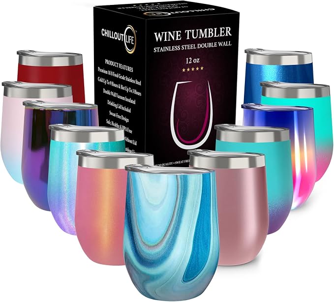 CHILLOUT LIFE 12 oz Stainless Steel Wine Tumbler with Lid - Double Wall Vacuum Insulated Wine Cup Glass Keeping Cold & Hot for Coffee, Champagne, Cocktails, Ice Cream