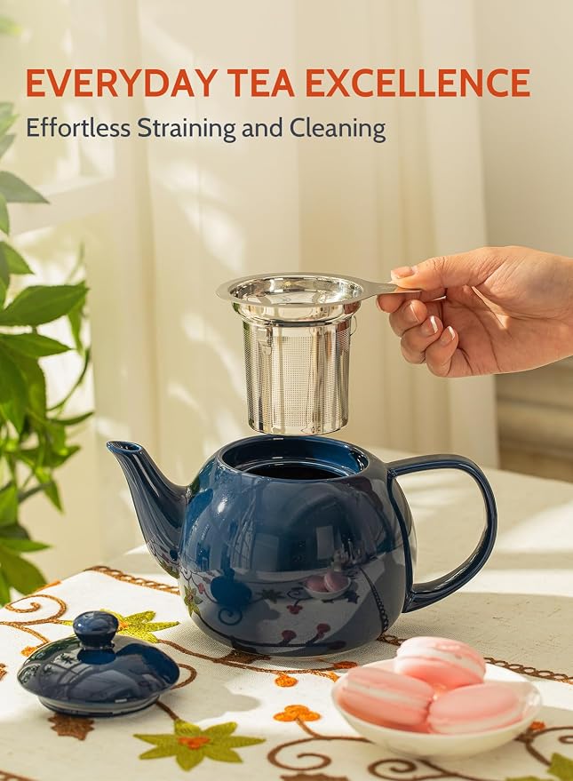 Sweese Teapot, Porcelain Tea Pot with Stainless Steel Infuser, Blooming & Loose Leaf Teapot - 27ounce, Navy