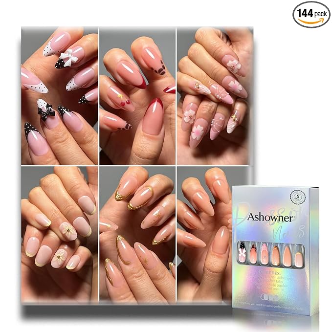 Press on Nails, 6 Packs (144 Pcs) Short Almond French Sets, 3D Floral | 6-Style 12 Sizes, Glossy, Salon Quality, Reusable Full Cover, Cute Cherry Polka Dot Fake Nails