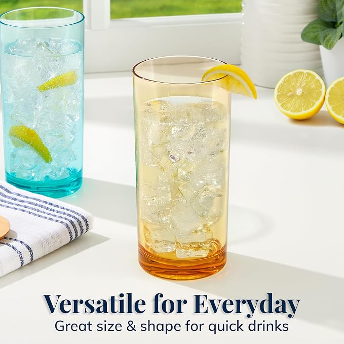 US Acrylic Classic Plastic Reusable Drinking Glasses (Set of 6) 16oz Water Cups Assorted Colors | BPA-Free Tumblers, Made in USA | Top-Rack Dishwasher Safe