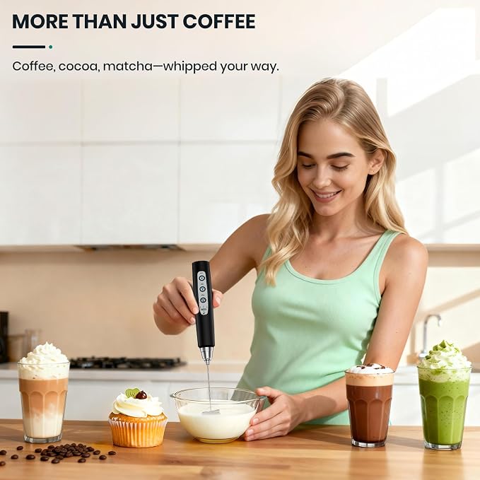 Colarlemo Milk Frother Handheld Rechargeable, Frother Wand Drink Mixer Electric Whisk for Coffee, Detachable With 3 Stainless Whisks, Hand Mixer for Lattes, Cappuccino, Matcha, Egg, No Stand,Black