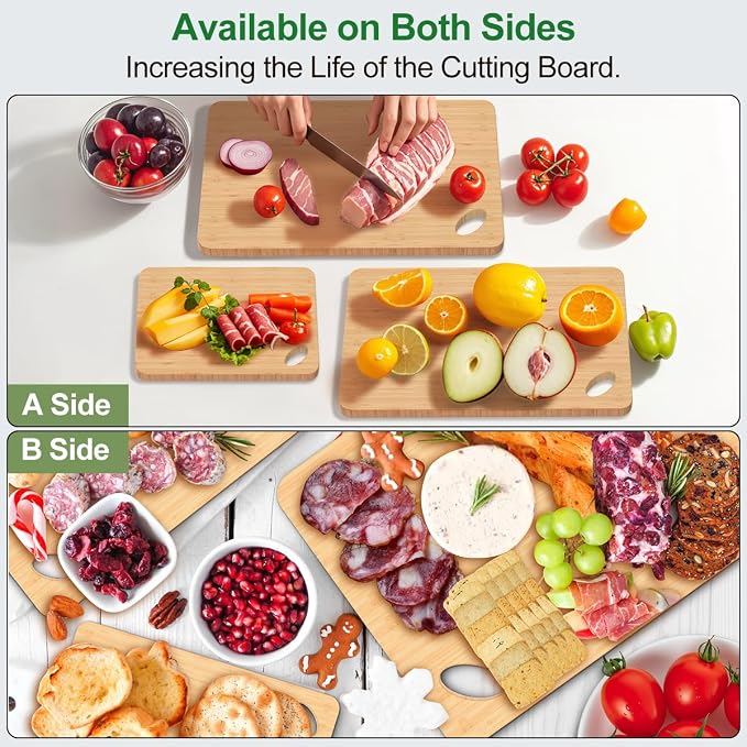 Viretang Wood Cutting Board Set of 3, Natural Bamboo, Hang Hole | Chopping Boards for Kitchen, Serving, Meal Prep, Charcuterie, Kitchen Tray for Raw Meat Fruit Cheese, Knife Friendly, Durable