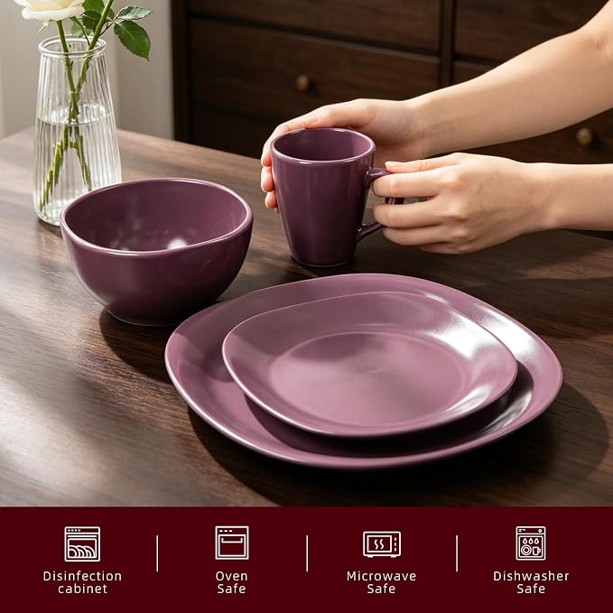 HomeVss, Stoneware Square 16pc Dinnerware Set, Matte Purple