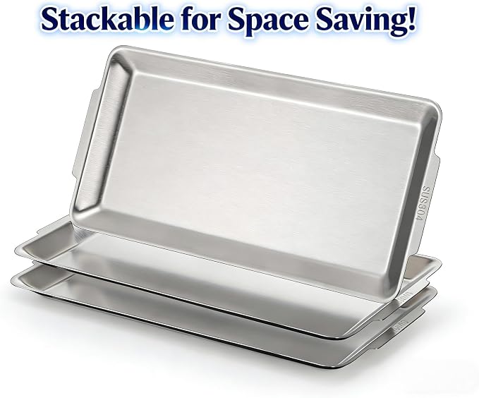 3 Packs 304 Stainless Steel Serving Platters, Rectangle Metal Dinner Plates with Handles, Decorative Organizer Trays for BBQ, Dining, Party, Buffet, Appetizer Serving(12.6" x 6.3")