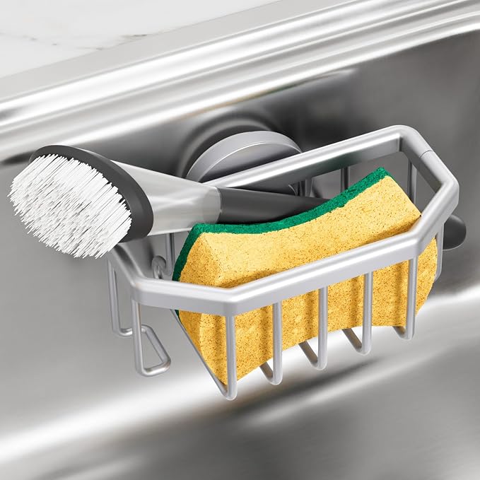 TAILI Sponge Holder for Kitchen Sink with Suction Cup-Silver, Aluminum | Rustproof Aluminum Sink Caddy for Sponges,Brushes,Stoppers & Scrapers,Removable Ventilated Quick-dry Design, holds Up 11lbs
