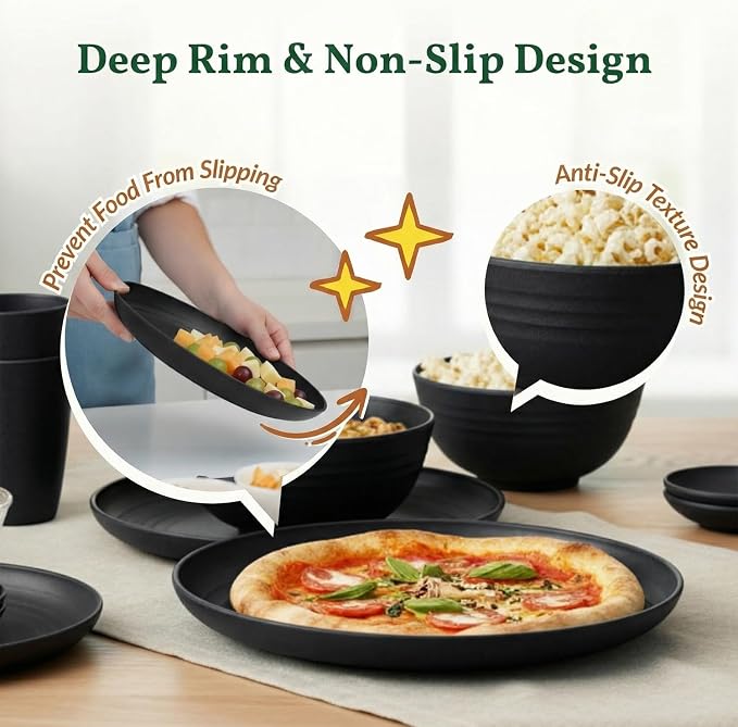 Plates and Bowls Sets, 40-Piece Modern Wheat Straw Dinnerware Sets for 8 Unbreakable Kitchen Dinner Set Microwave and Dishwasher Safe Dishes Set for Apartment, Party, Outdoor, RV (Black)