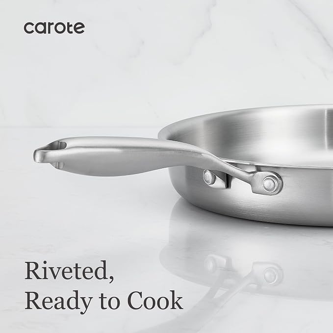 CAROTE 3-Piece Tri-Ply Stainless Steel Frying Pan Set, Skillet Set 8"/10"/12", Induction Compatible, Oven & Dishwasher Safe, Silver Handle