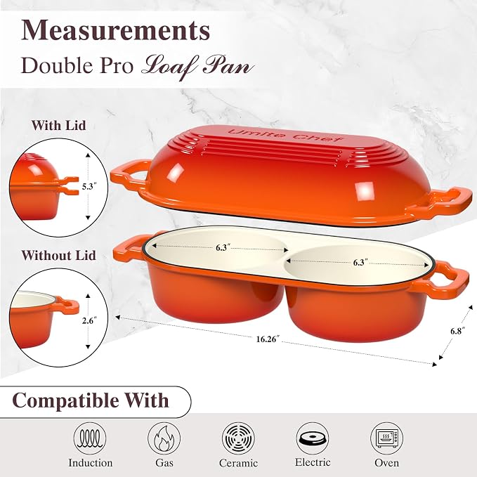 Umite Chef Complete Mini Double Dutch Oven Kit for Sourdough Bread – Enameled Cast Iron Bread Pan with Deep Dual Loaf Pots, Includes 5" Banneton Basket & Cotton Potholders, 500°F Oven Safe (Orange)