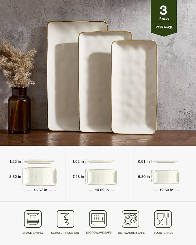Famiware Serving Platters Set of 3 Sizes - Rectangular, Vanilla White | 15.67"/14.1"/12.6" Fine Stoneware Serving Trays for Party, Entertaining for Food, Turkey, Cheese, Microwave Dishwasher Safe