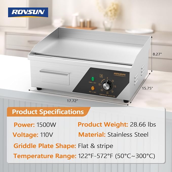 ROVSUN 18" Electric Countertop Flat Top Griddle, 1500W Electric Griddle, Teppanyaki Grill Stainless Steel with Adjustable Temperature Control 122°F-572°F for Commercial Home Restaurant, Plug