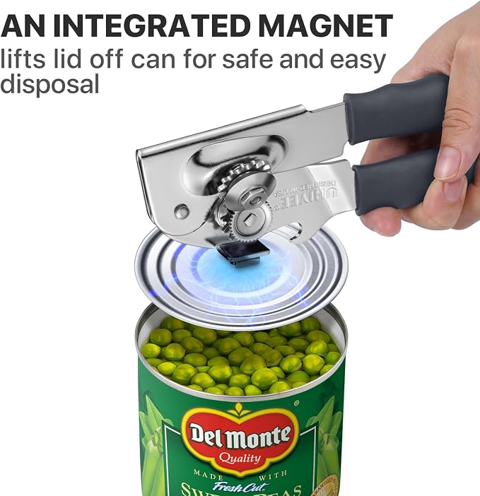 UHIYEE Heavy Duty Hand Can Opener with Comfortable Grip for Seniors, Gray | Manual Can Opener, Hardened Steel Blade, Rubber-Coated Handle, Oversize Knob, Built-in Magnet & Bottle Opener