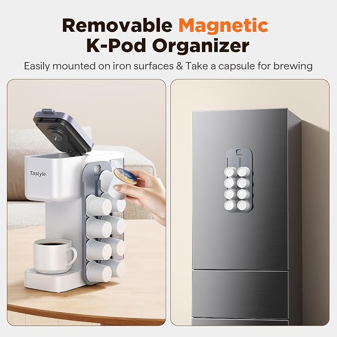 Tastyle Hot & Iced Coffee Maker with Magnetic K-Pod Holder, Fits 7.3'' Mug | Stores 10 Pods, for K Cup & Grounds, Compact for Home, Office & RV, Brew 6-24oz Coffee, 40 oz Removable Tank, K330CH, White