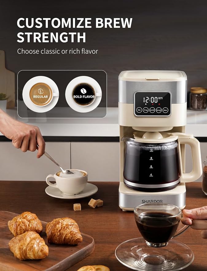 SHARDOR 10-Cup Programmable Coffee Maker, Regular & Strong Brew Drip Coffee Machine for Home and Office, Auto Shut Off, Permanent Filter (Beige)