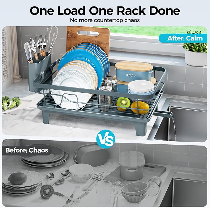 Urakify Dish Drying Rack for Kitchen Counter, 16.5" L x 12.2" W, Blue | Large Dish Drainer with Cutlery Holder, Sink Dish Rack with Drainboard for plate dish silverware, Space Saving