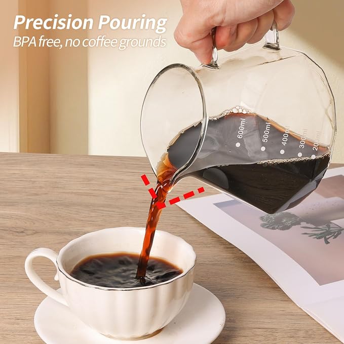 Pour Over Coffee Maker 20 OZ, 6 Cup Borosilicate Glass Drip Coffee Maker with 40 pcs V60 Paper Filter and Walnut Grip for Home Café 600 ML