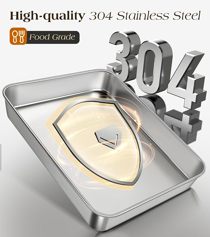 304 Stainless Steel Baking Pan with Lid, 12⅓ x 9¾ x 2 Inch Rectangle Sheet Cake Pans with Covers, Commercial Grade Bakeware for Cakes Brownies Casseroles, Non-toxic & Heavy Duty & Dishwasher Safe