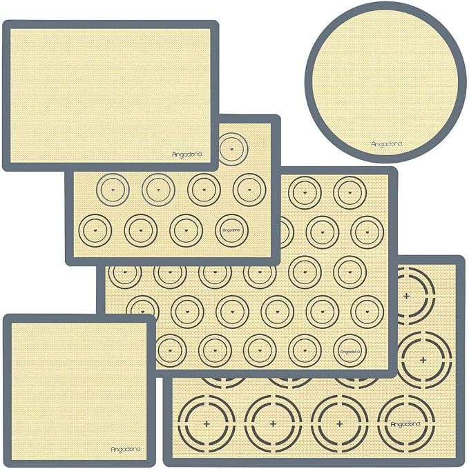 Silicone Baking Mat Set of 6, Non-Stick & Easy Clean Food Grade Reusable Baking Mat, Silicon Baking Mats Oven Liner Sheet, Round & Square Cake Mat, Pastry Board Rolling Dough Mats for Macaron Cookie