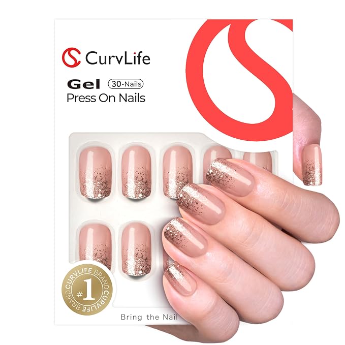 CurvLife Short Square Press On Nails, Fluid Gold,Soft Gel | 32PCS, 16 Sizes, Salon-Quality Natural Fake Nails, Curved Fit, 7-14 Day Glue-On Wear, Reusable Stick-On Nails, Press-On Kit