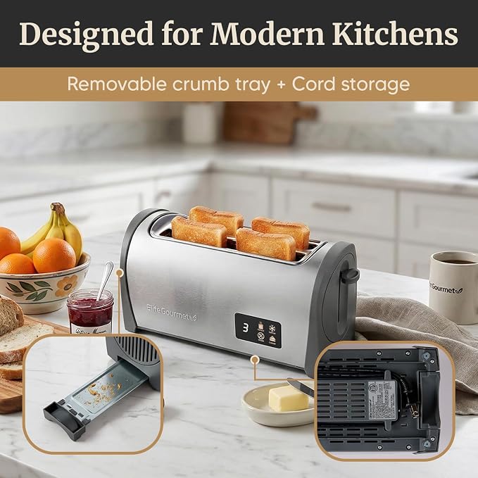 Elite Gourmet Digital 4-Slice Long Slot Toaster, Stainless Steel | Touch Screen LED Display, 6 Browning Levels, Defrost/Reheat, Extra-Wide 1.5" Slots Fit Artisan & Bagel Bread - Modern Design