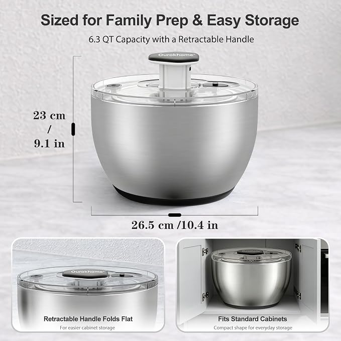 Ourokhome 6.3 QT Stainless Steel Salad Spinner, Large Lettuce Spinner with One-Hand Press Pump, Brake Button, Non-Slip Base and Retractable Handle, Vegetable Washer & Dryer for Greens, Fruits and Herb