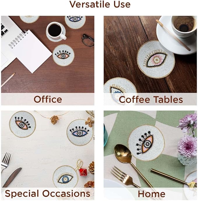 Folkulture Coasters Set of 4 | Beaded Hand-Crafted Evil Eye 2.0 Handmade Boho Drink Coasters for Coffee Table & Bar | Decorative Round Coasters for Cocktails & Wine | House Warming Gift Set