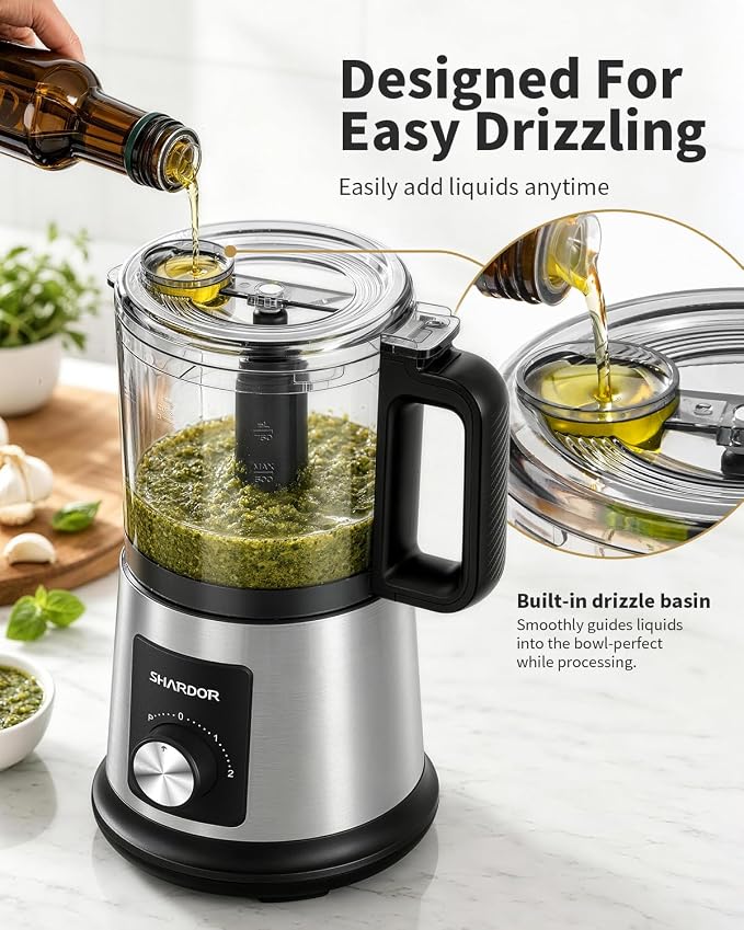 SHARDOR Electric Food Processor, 4 Cup Food Chopper with 3 Speed Settings (Pulse + Hands-Free 1&2), 400W Powerful Motor, 4 Bi-Level Blades and Whisk Attachment, BPA-Free, Stainless Steel