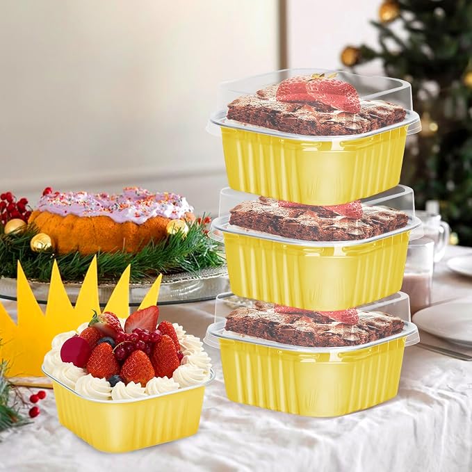 30Pack 5oz Gold Mini Cake Pans with Lids Baking Cups Aluminum Foil Pans Tins, Individual Dessert Cups Containers for Sales,Party,Picnics