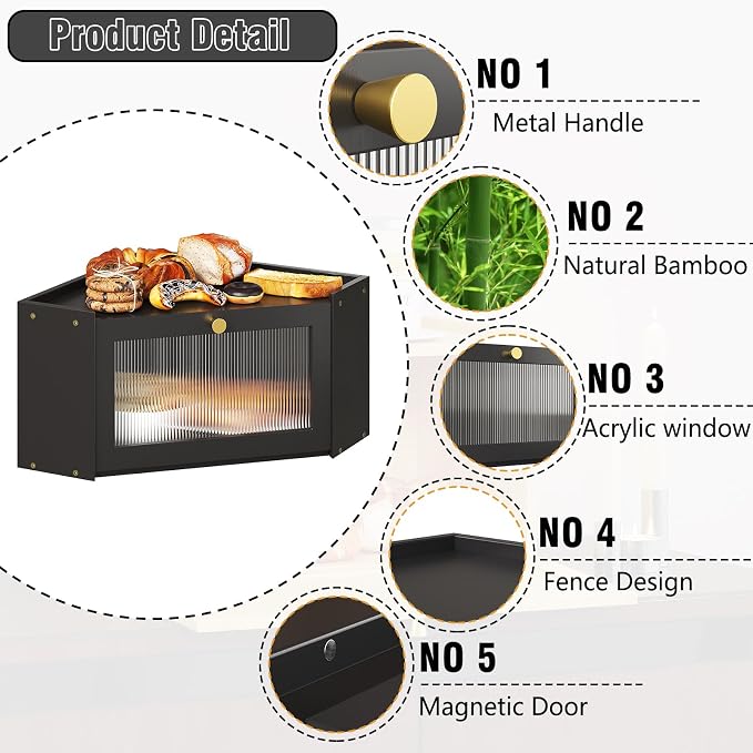 Trironsun Corner Bamboo Bread Box for Kitchen Counter Large Capacity Rustic Bread Storage Container with Wavy Arcylic Transparent Door Vintage Storage for Homemade Bread (Black)