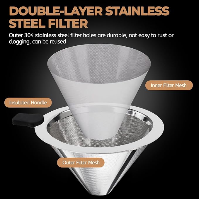 Pour Over Coffee Maker 1000ml with 304 Stainless Steel Filter Wooden Collar Holder Borosilicate Glass Drip Coffeemaker Server Set Clear Hand Brew Dripper Carafe for Home Camping Travel 33.8oz