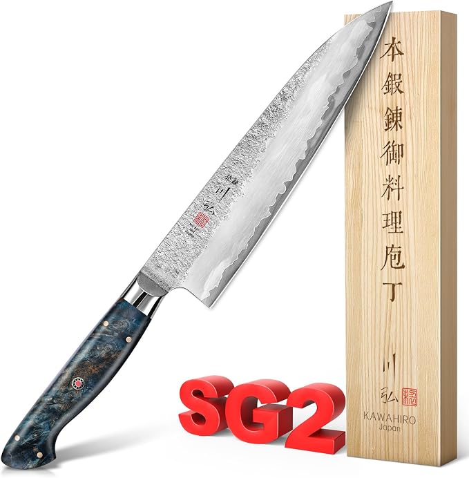8.27" Japanese Chef Knife, SG2 Powder Steel Gyuto, Hand Forged | HRC 64 Ultra Hard, 3-Layer Steel, Stabilized Wood Handle, Perfect Balance for Professional Chef Knife Use, Gift Box