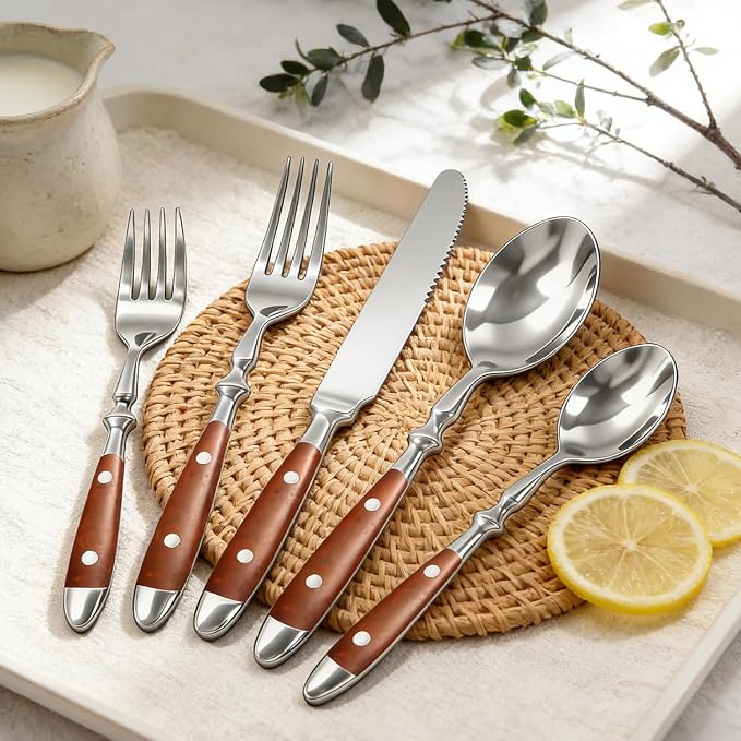20pcs Brown Silverware Set Service for 4,Vintage Flatware Set with Brown Bakelite Handle, Stainless Steel Cutlery Set, Dishwasher Safe