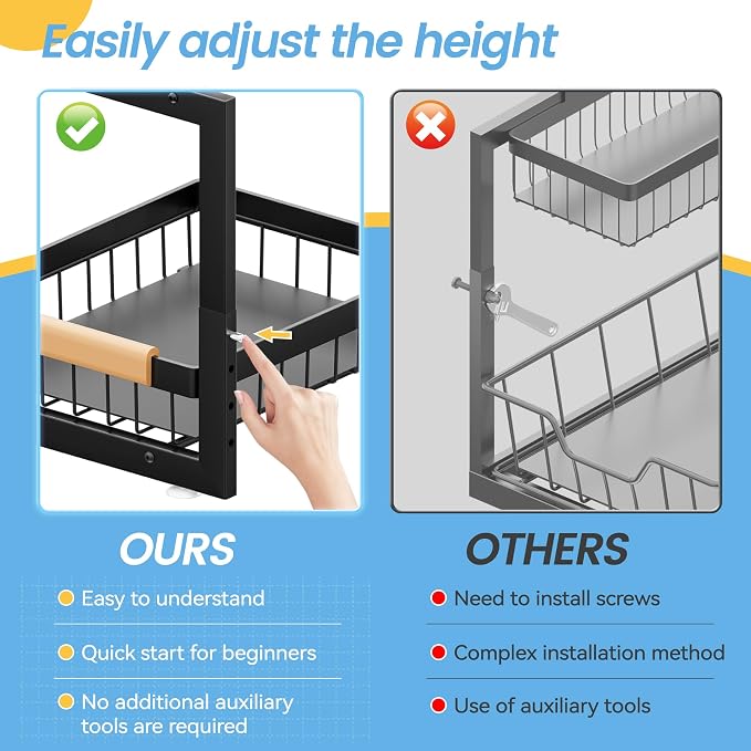 ADBIU Under Sink Organizer 2 Packs 2 Tier Expandable Height Under-Sink Organizers Slide Out Pull Out Organizer Shelf, Black