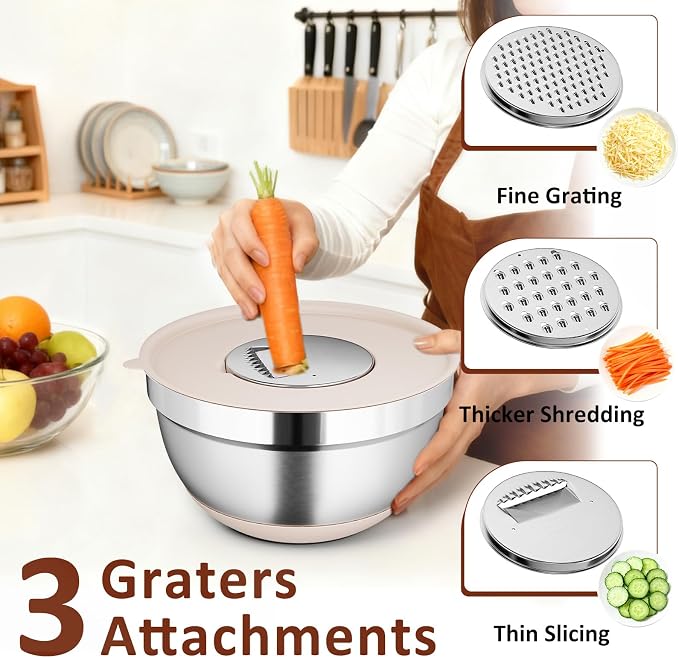 9 Pack Mixing Bowls with Airtight Lids & Grater Attachments, Khaki | Stainless Steel Bowl, Non-slip Bases, Nesting Kitchen Bowl, Size 5, 4, 3, 2, 1.5,1QT,for Food Prep, Baking, Storage & Serving