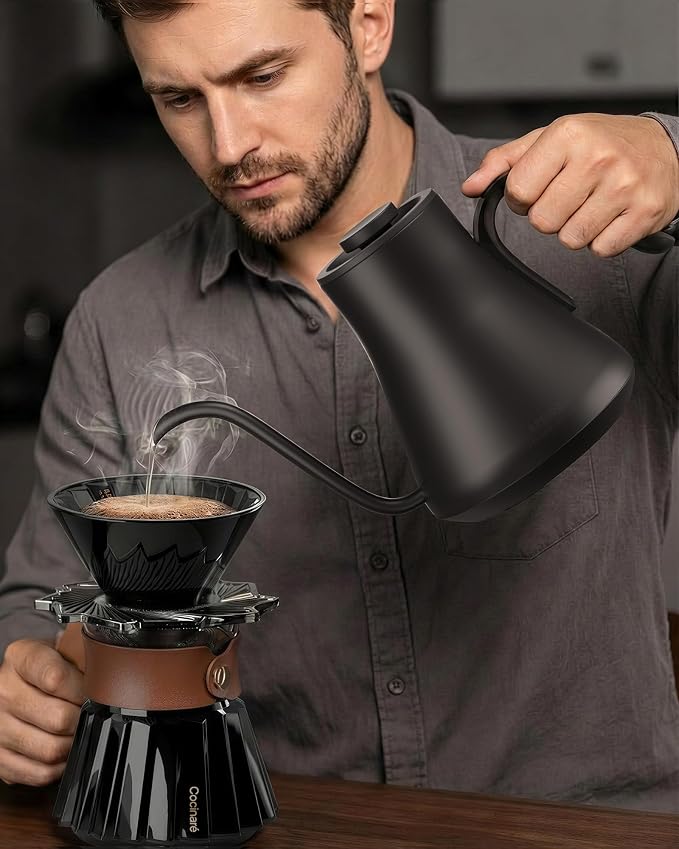 Cocinare Gooseneck Electric Kettle, ±1°F Precise Temperature Control, 1500W Fast Heating, Pour Over Coffee & Tea Kettle with Brew Timer & Keep Warm, Stainless Steel, 0.9L (Goya Walnut)