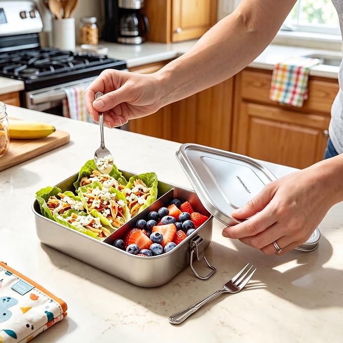 G.a HOMEFAVOR Stainless Steel Bento Lunch Box, 2-Compartment, 1200 ml/40 oz | Leak-Proof, Dishwasher Safe, BPA-Free, with Lock Clips, Meal Prep, Large Food Container, for Adults