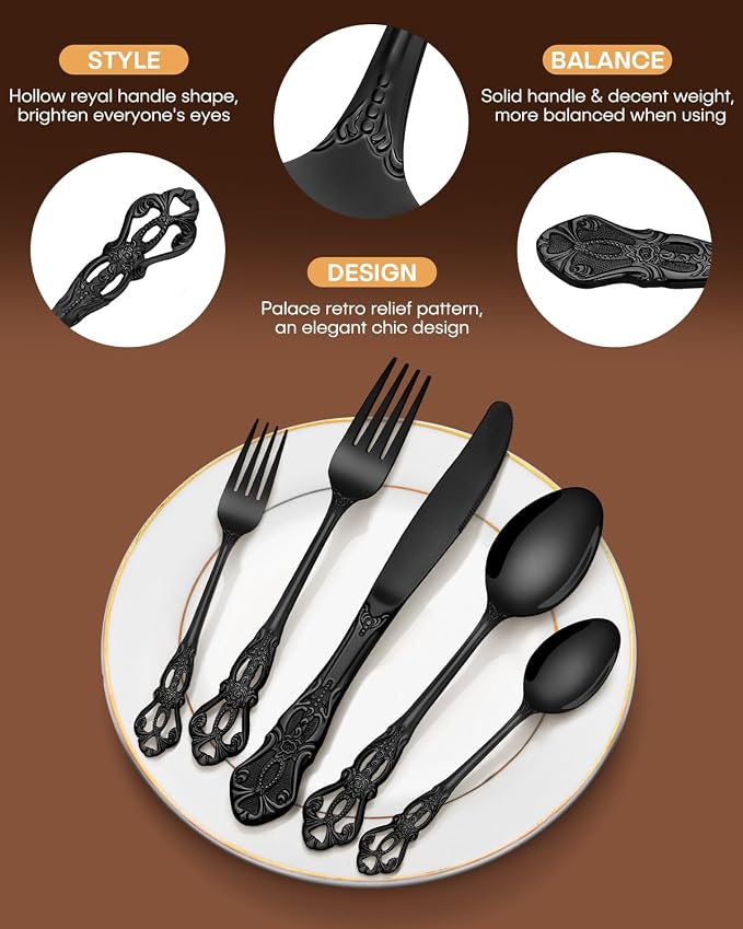 EUIRIO 40 Pieces Black Silverware Set, Royal Retro Flatware Set for 8, Stainless Steel Cutlery Set with Luxury Forks Spoons and Knives, Utensils Set Mirror Polished, Dishwasher Safe