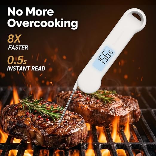 0.5 Sec Instant Read Grill Meat Thermometer Digital Food Cooking BBQ, White | ±0.5°F Precision, Auto Flip Digital LCD Display, Ideal For Meat, Candy, Grill, BBQ, Food Thermometer for Kitchen Gadgets