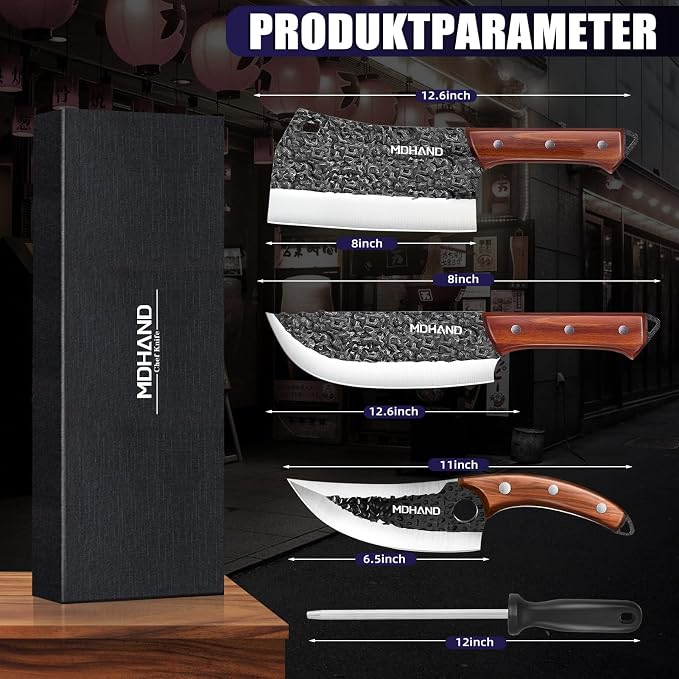 Butcher Knife Set, Hand Forged Meat Cleaver Knife Gift for Men | High Carbon Steel 8PCS Kitchen Knife Set with Sharpener, Ergonomic Handle, Chef Knives Sets for Kitchen Outdoor Cooking BBQ