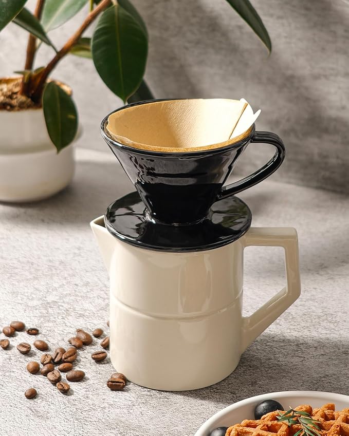 Pour Over Coffee Maker, Single Cup Ceramic Coffee Dripper, Reusable Filter Cone Drip Holder Slow Brewer with Hole Flat Bottom for Home, Office, Travel, Camping (Black)