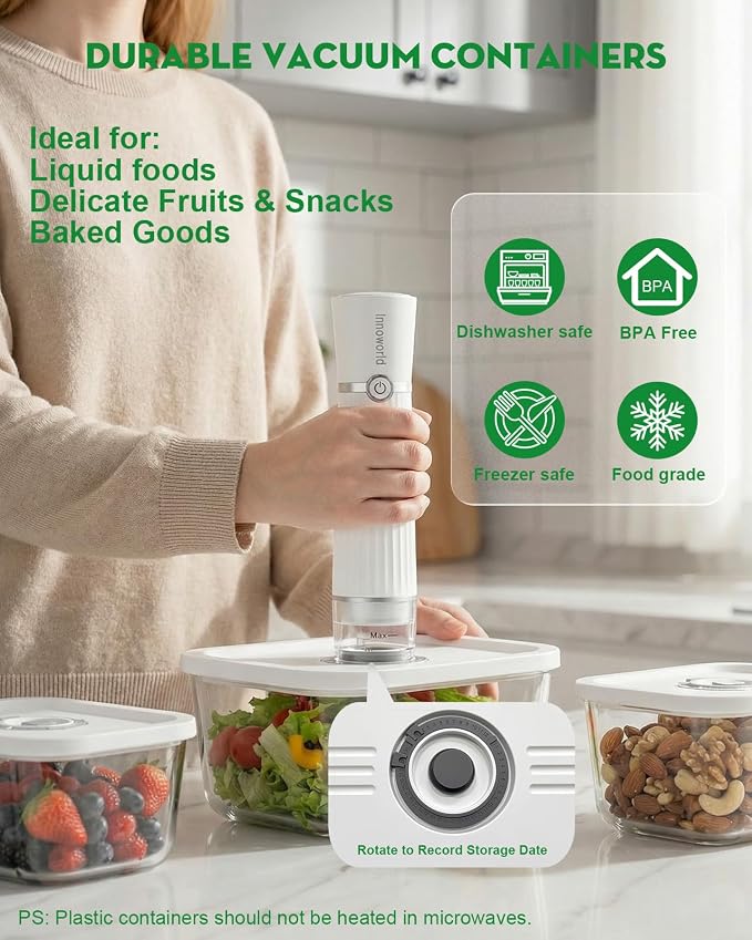 Compact Vacuum Sealer with 3 Vacuum Containers and 14 Reusable Vacuum Bags | Powerful 60 kPa Suction, 6X Preservation & Fresh, Visible Water Tank, Ideal for Meal Prep, Durable Polycarbonate Containers
