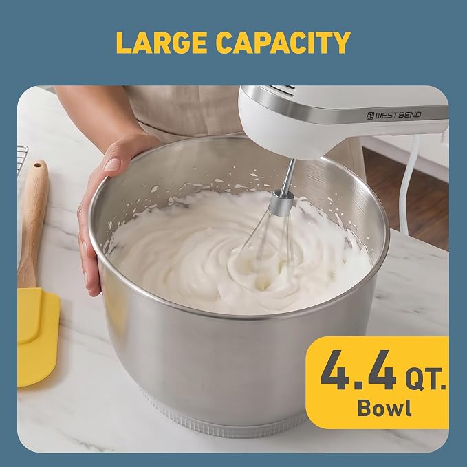 West Bend Two Sweet 2-in-1 Hand & Stand Mixer, 11 Speeds with Turbo Boost, 4.4 Qt Rotating Bowl, Dough Hooks, Beaters & Whisk, Tilt-Head Design, 550 Peak Watts, White